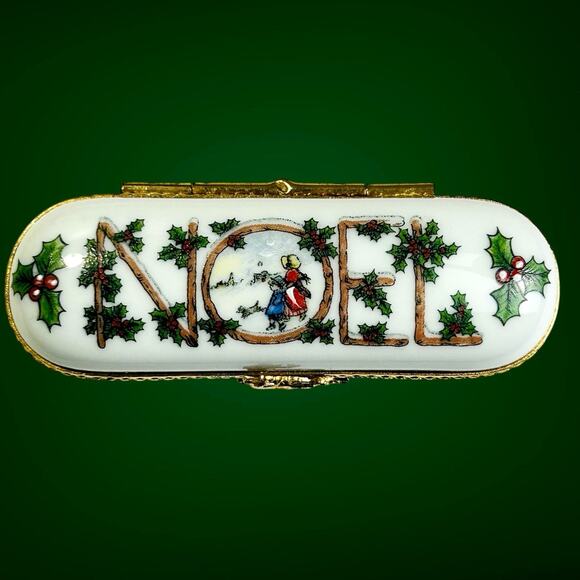 Vintage Limoges Trinket Needle Box Christmas Noel Reindeer Fontanille Marraud FM - Picture 1 of 10